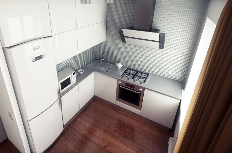 Projeto de uma cozinha moderna com fachadas brilhantes de um conjunto de móveis