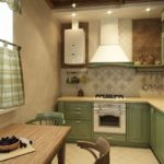 Zaļas nokrāsas mazas virtuves interjerā