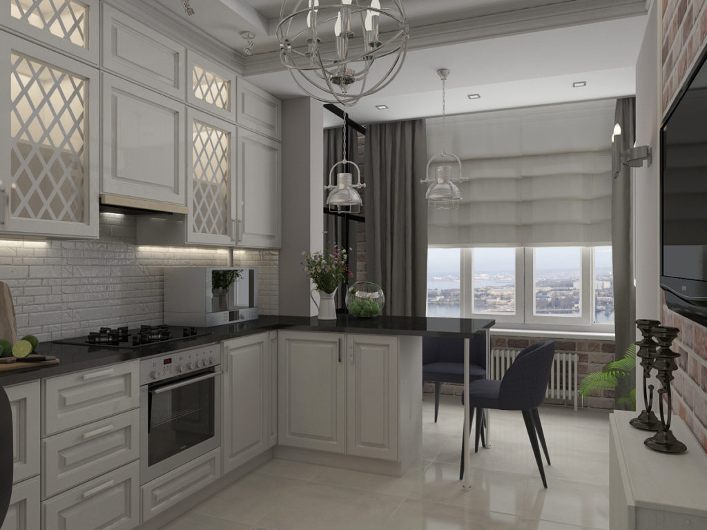 Köksdesign med en yta på 12 kvadratmeter efter kombination med balkong