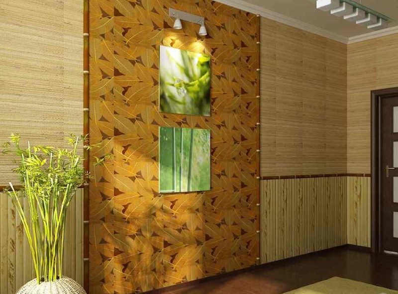 Wall in the hallway with natural wallpaper
