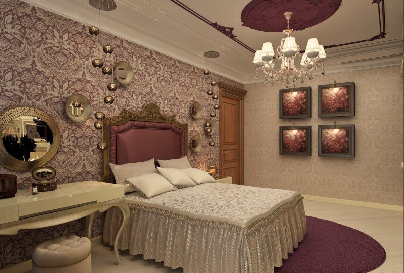 Folosind două tipuri de tapet într-un dormitor în stil clasic