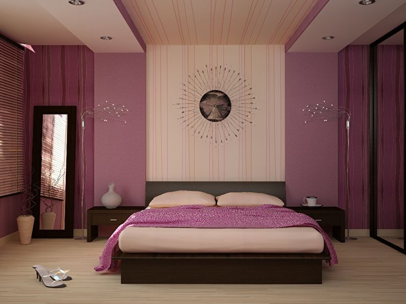 Interior of a modern bedroom with two varieties of wallpaper