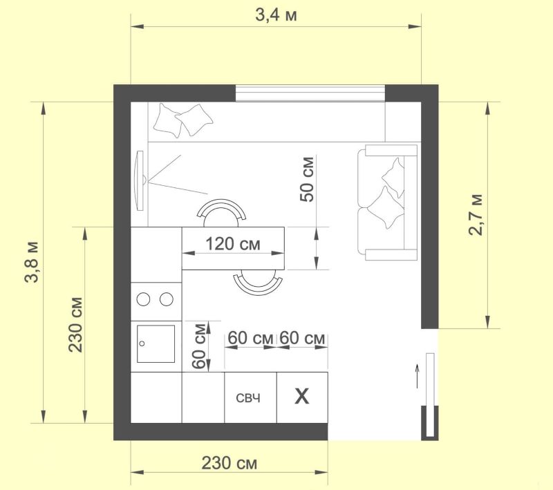 Rozmiestnenie nábytku a spotrebičov v kuchyni s rozlohou 12 metrov štvorcových