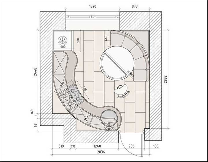 Indeling van een vierkante keuken met een oppervlakte van ongeveer 9 vierkante meter