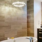 Imitation wood tile in a modern bathroom