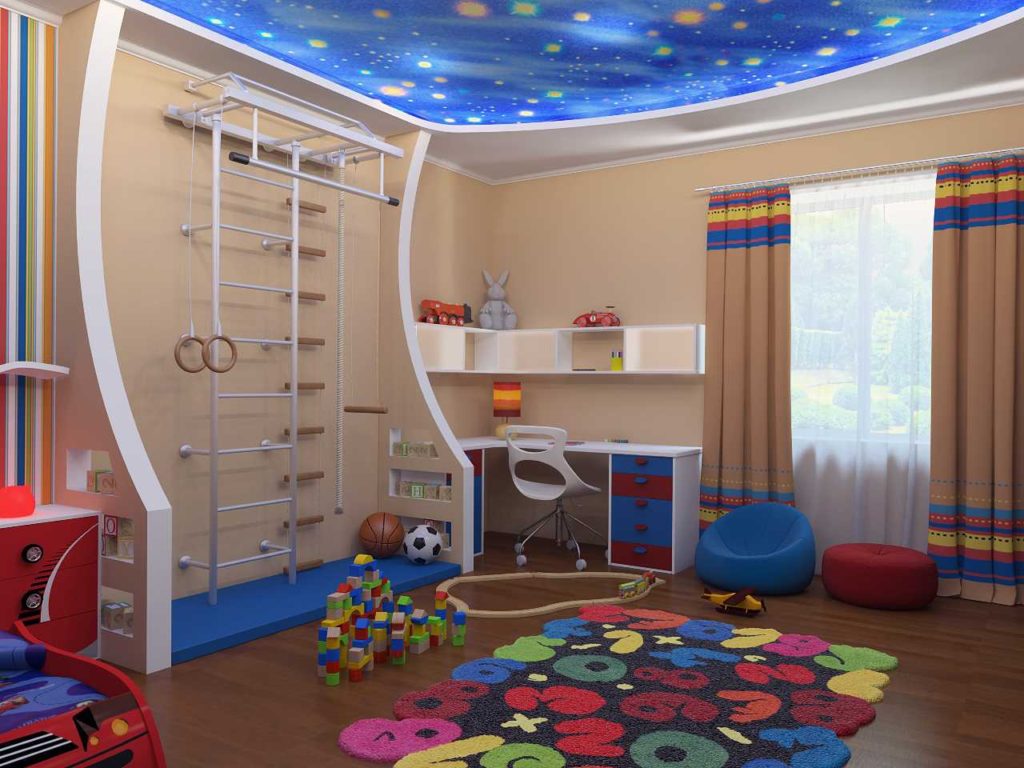 The ceiling in the children's room with the image of space