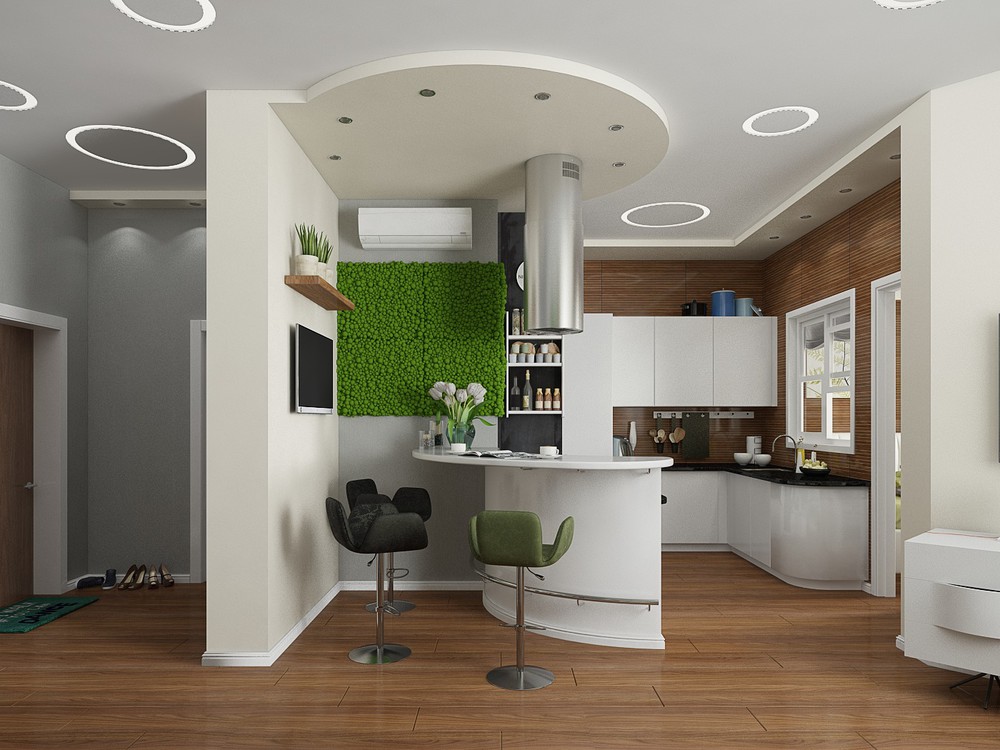 Cozinha de design de interiores com elementos de estilo biônico