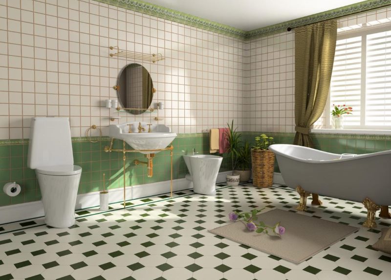 Žalia plytelė vonios kambaryje retro stiliaus