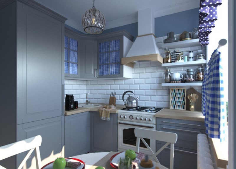 Gaya dapur gaya Provence dengan dominasi warna abu-abu dan biru