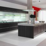 Bucătărie elegantă modernă din lemn, sticlă și metal