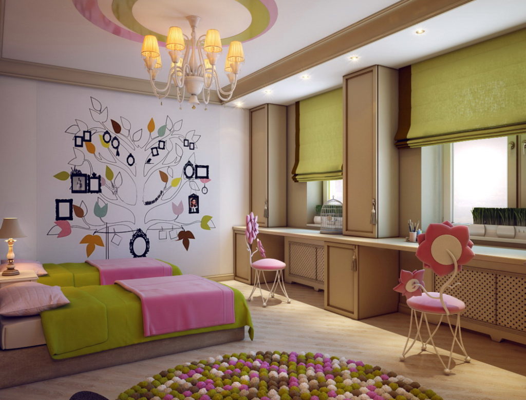 Scaune tapițate cu tapițerie roz în dormitorul a două fete