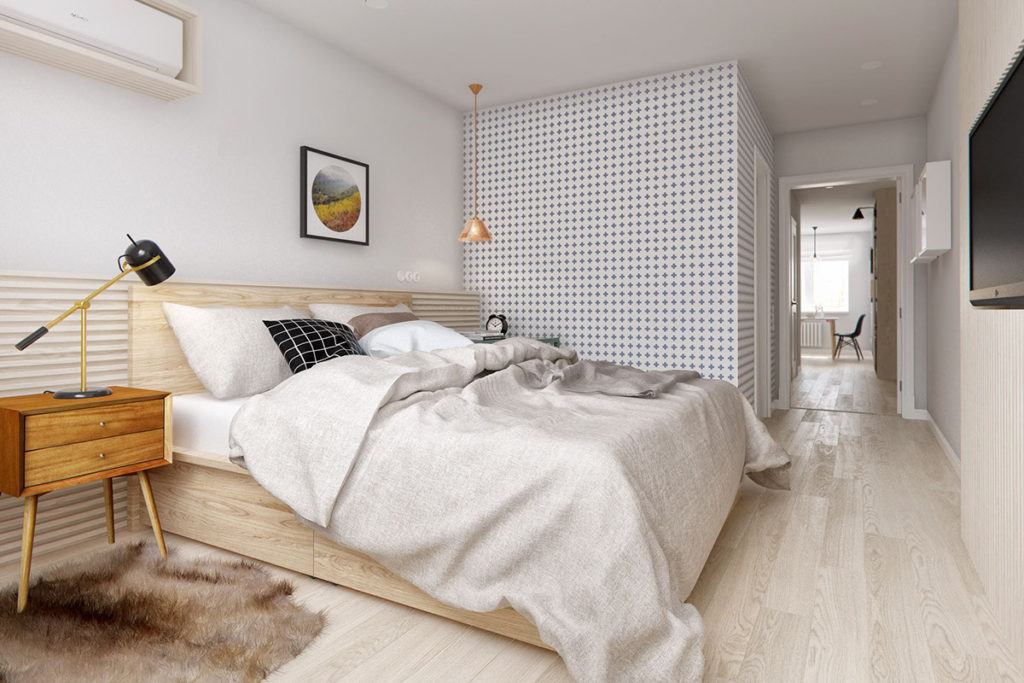 Skandināvu stila guļamistabas interjers ar tapetēm