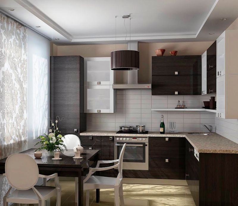 A konyha belső területe 10 négyzetméter, minimalista stílusban