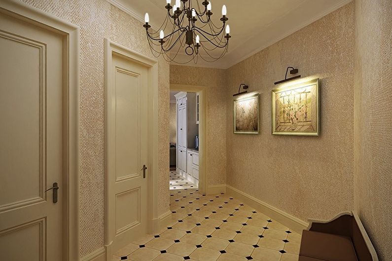 Hallway with textile wallpaper on the walls