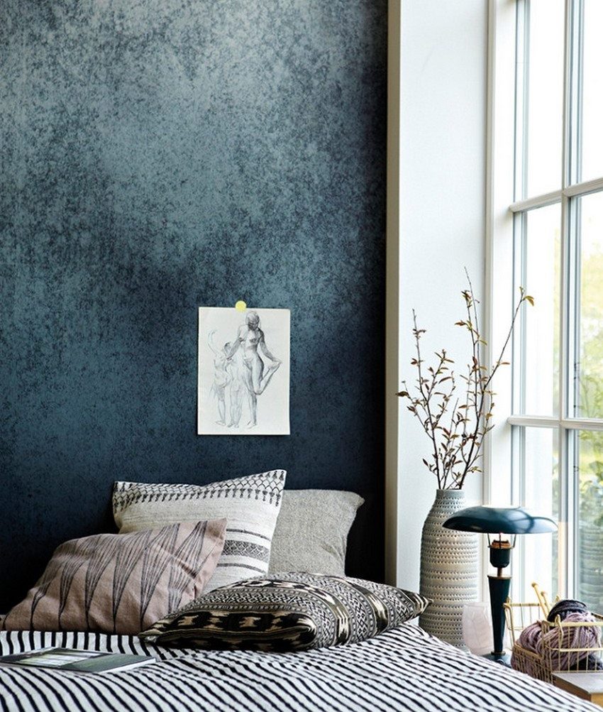 Dark textile wallpaper in the bedroom of the spouses