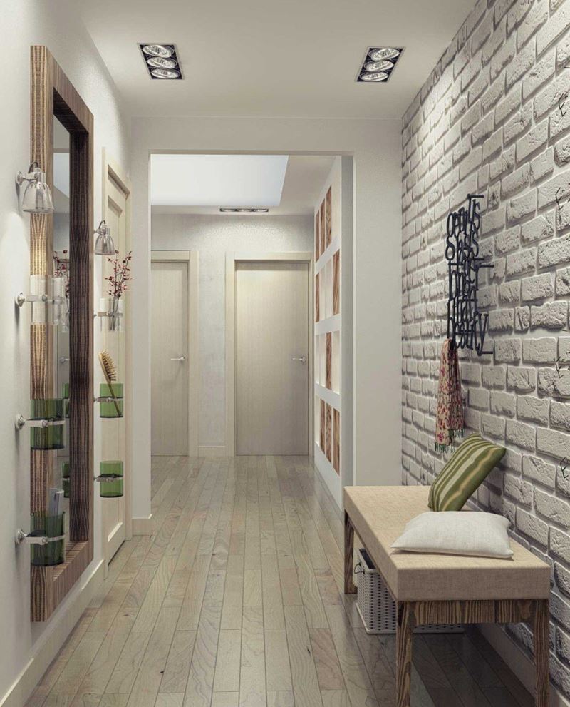 White brick wall in narrow corridor design