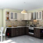 Bucătărie în colț cu dulapuri superioare ușoare și dulapuri inferioare în culori wenge