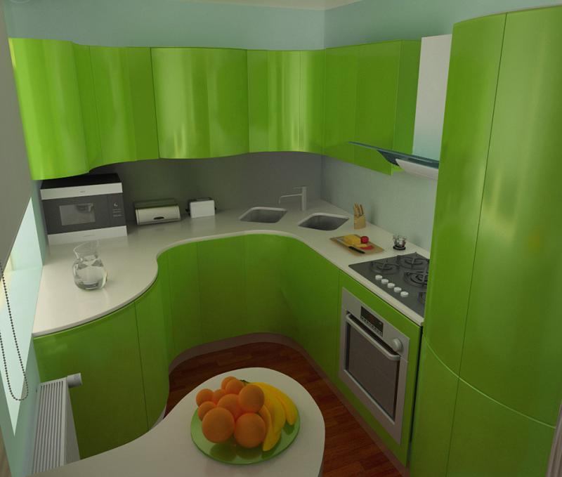 Žalios virtuvės komplektas Chruščiovo virtuvės interjere