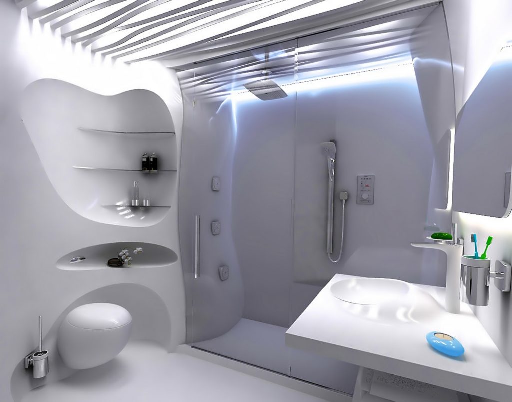 Fantastic futurism style bathroom interior