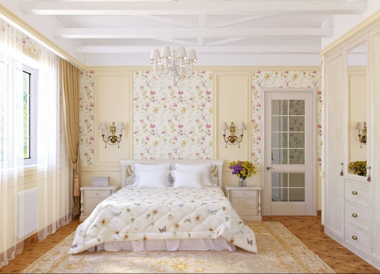 Dormitor cu tavan în relief în culori strălucitoare.