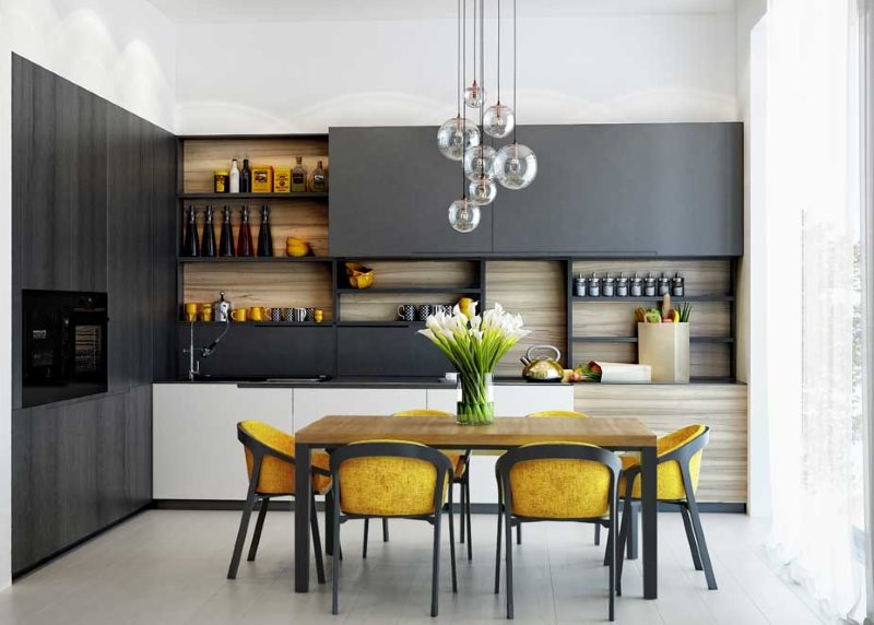 Dzelteni krēsli virtuvē ar melnu komplektu