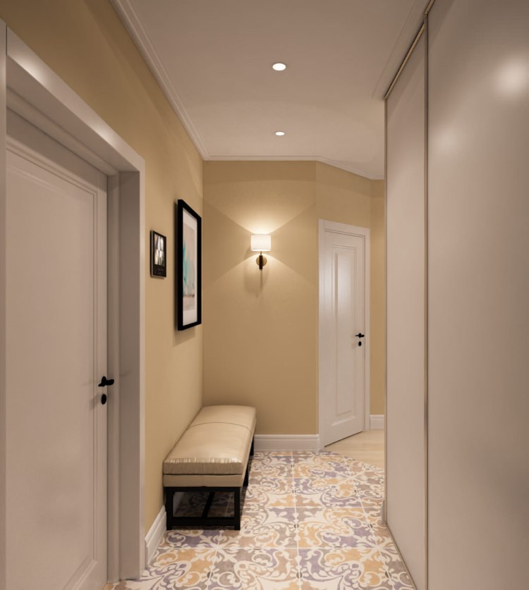 Narrow hallway design in bright colors.