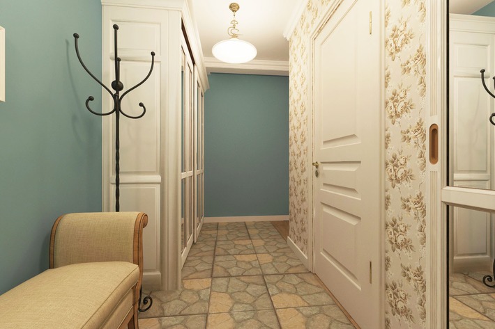 Beige wallpaper in the interior of a small hallway