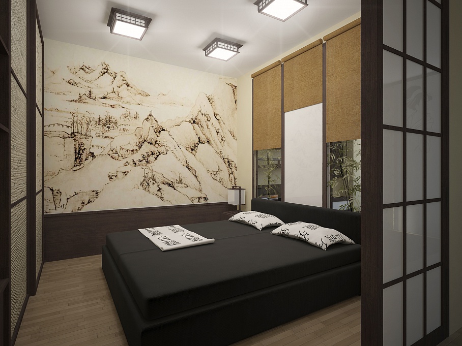 Melna gulta guļamistabā ar gaišām sienām