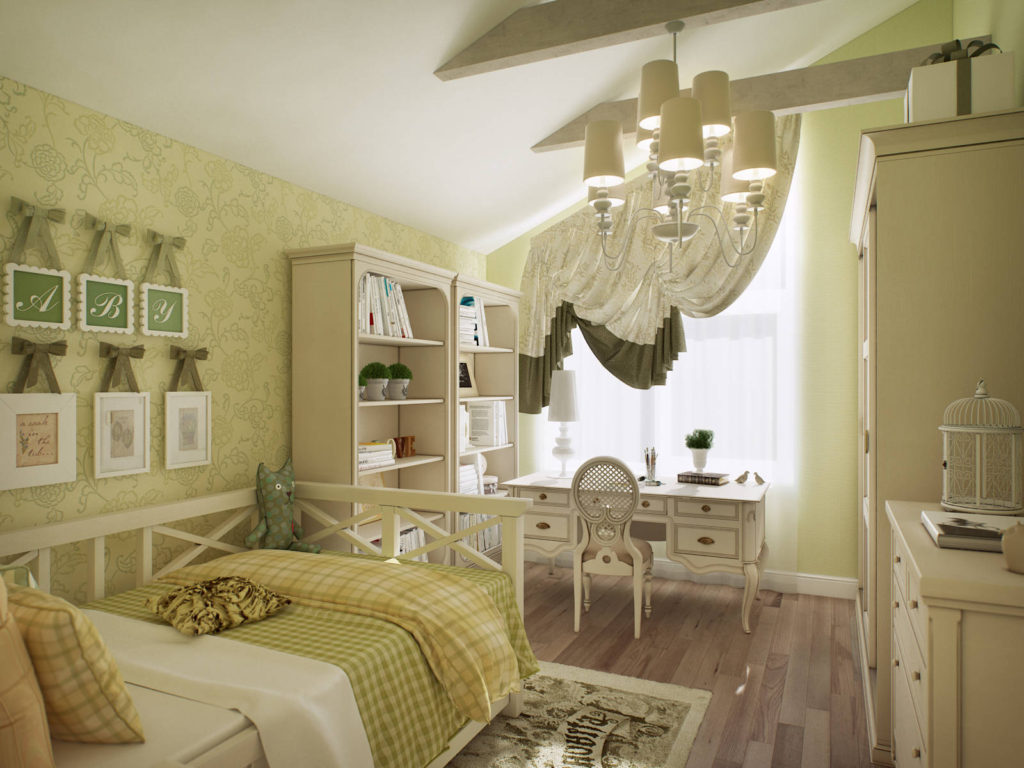 Houten meubels in een kinderkamer in provence-stijl