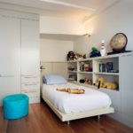 Open shelves in the interior of a children's bedroom