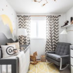 striped curtains on the windows of the children's bedroom