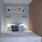 เตียงด้านหลังเป็นฉากกั้นทำด้วยไม้ในห้องเล็ก ๆ