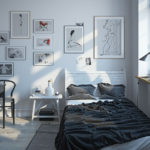 Một bộ sưu tập nhỏ các bức tranh trên tường phòng ngủ của một chàng trai trẻ
