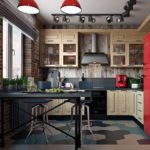 Piros hűtőszekrény a loft stílusú konyhában
