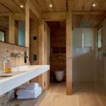 Zoning the bathroom with a wooden partition