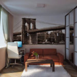 Fototapet på veggen i en stue i en moderne leilighet