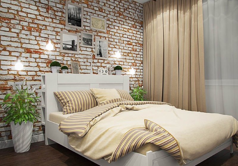 Bézs színű textil loft stílusú hálószobában.