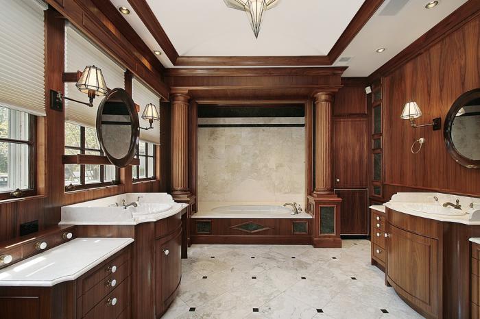 Wooden cabinets in a spacious bathroom