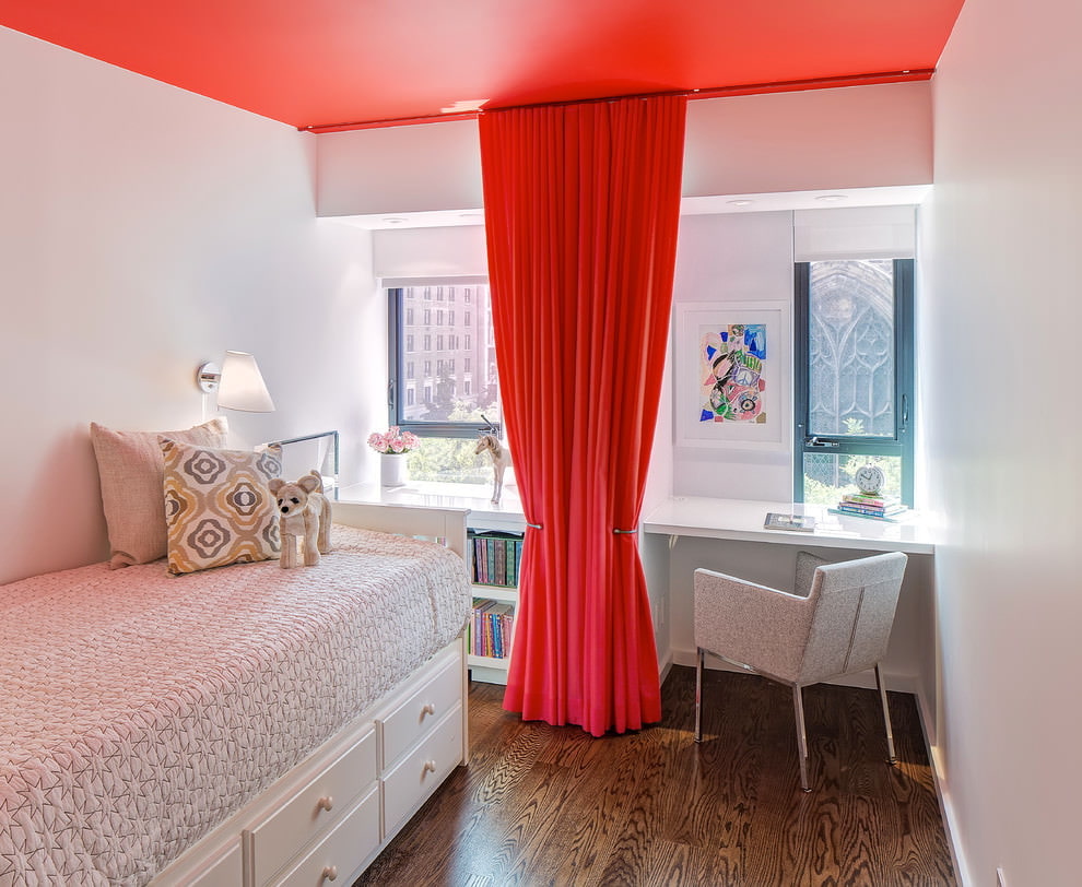 Red curtain in a white children's room