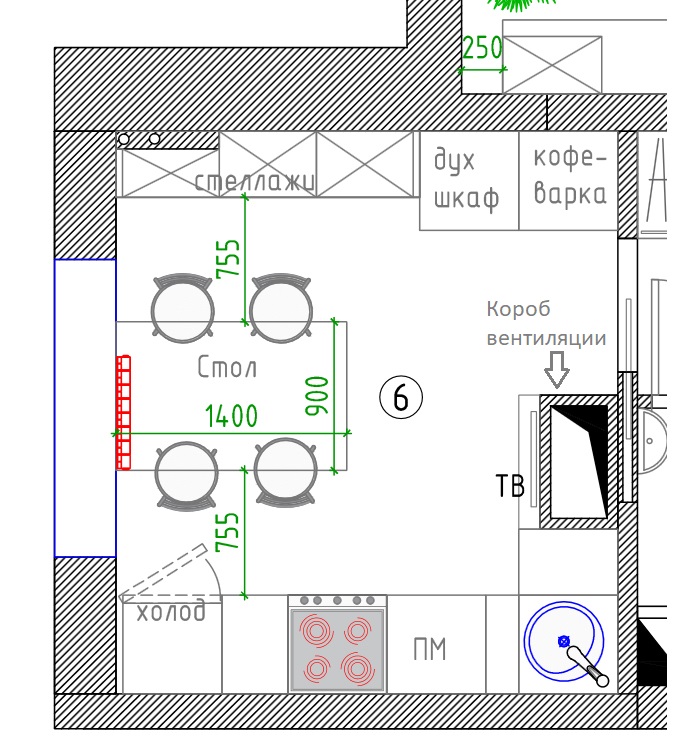 Diagram over et køkken med en ventilationskanal i huset i en serie P 44