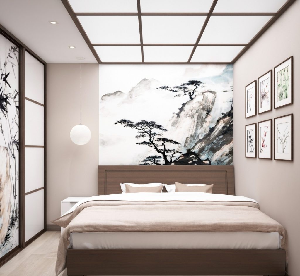 Gaiša japāņu stila guļamistaba