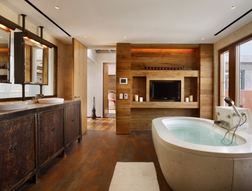 High tech bathroom interior with wood trim