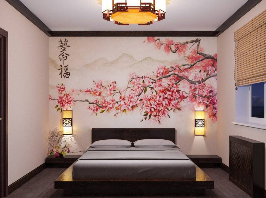 Sakura branches on the mural in a bedroom