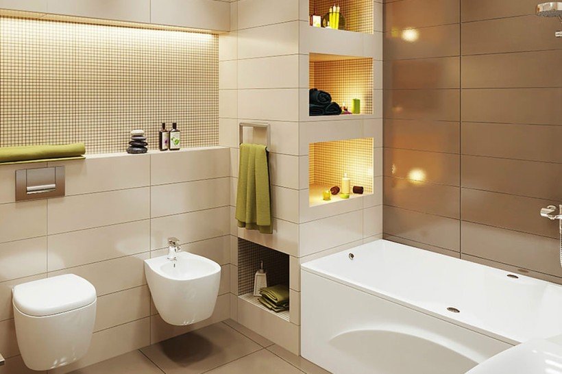 Interiér béžovej kúpeľne v modernom štýle.