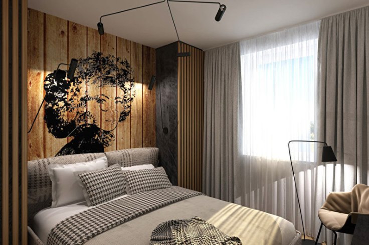 Wooden wall decoration in a small bedroom