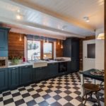 Large kitchen design with wood ceiling