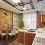 Le design original du plafond dans la cuisine de style oriental