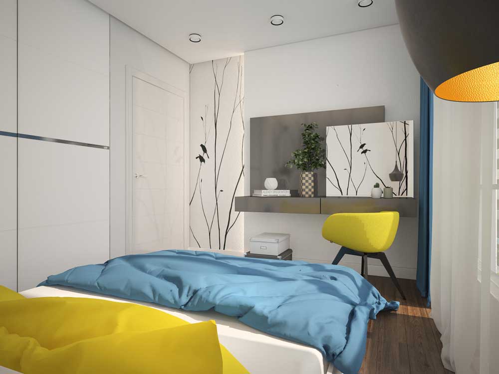 Yellow accents in the bedroom 9 sq. Meters