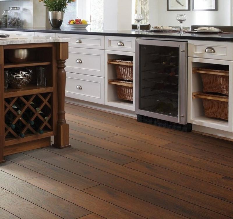 Brown wood tiled kitchen floor