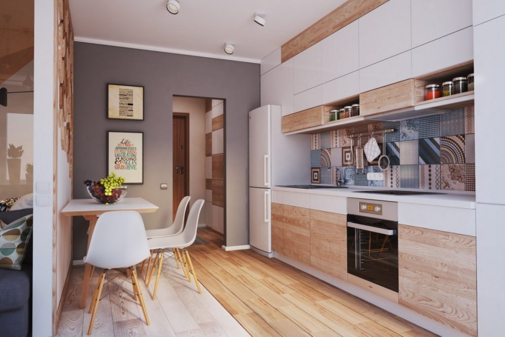 Doğrusal mobilyalar ile dikdörtgen bir mutfak tasarımı
